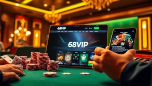 Experience Đăng Nhập Nhà Cái 68VIP with exciting casino gaming visuals featuring chips and a roulette wheel.