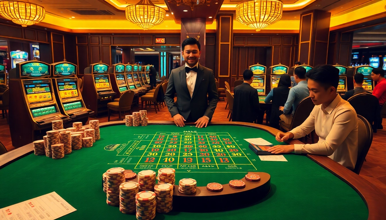 Engaged gamblers analyzing kèo bóng đá with betting slips and poker chips in a vibrant casino.